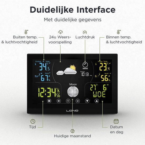 LONQ Innen- und Außenwetterstation Q3 - inkl. Batterien - Funkwetterstation mit Außensensor - Thermometer Hygrometer - Touchscreen Farbdisplay - DCF-gesteuerte Uhr