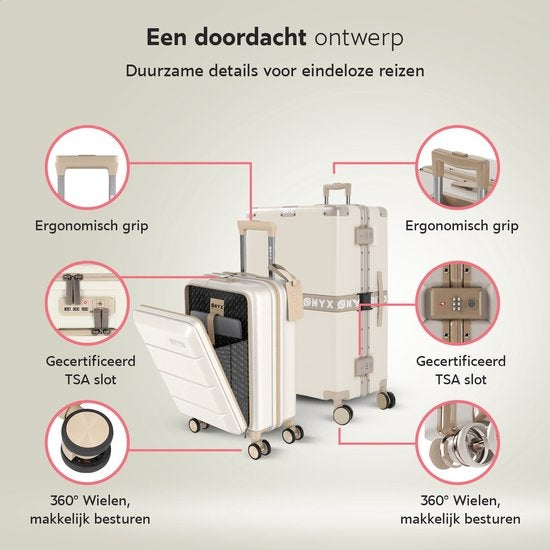 ONYX® - 2-teiliges Kofferset - Handgepäck mit Fronttasche und Check-in-Koffer - 35L/100 L - TSA-Schloss - Leichter Trolley - Aluminiumverschluss - Beige