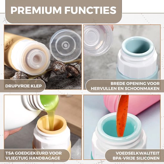 EverNeeds Reiseflaschen mit Etui - Nachfüllbar - Silikon-Reiseflaschen Handgepäck - Hell Apricot - 4 Stück