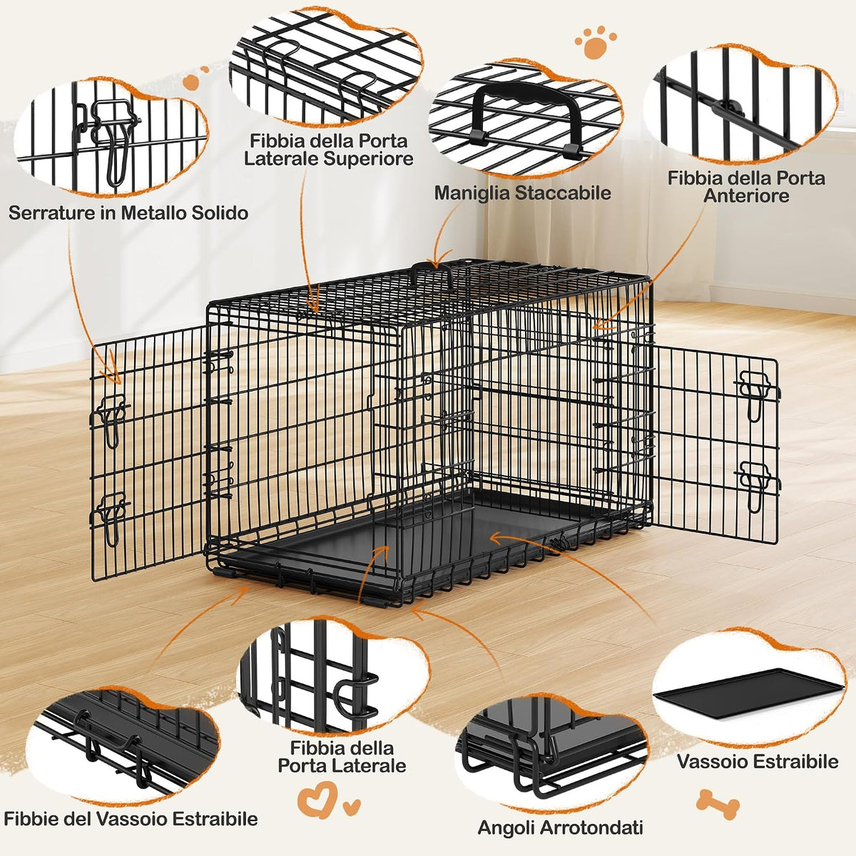 Yaheetech Faltbare Hundebox – Schwarz – 107 x 60 x 66 cm – Mit Trennwand, Doppeltür