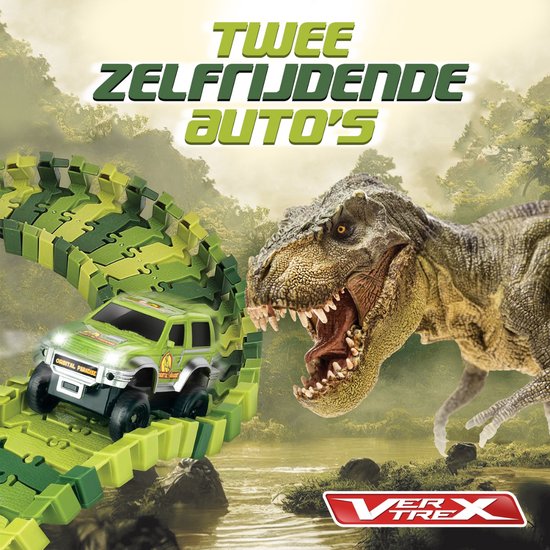 Vertrex 260-teilige Dinosaurier-Rennstrecke XXL - Dino-Spielzeug - mit 2x selbstfahrendem Safari-Auto