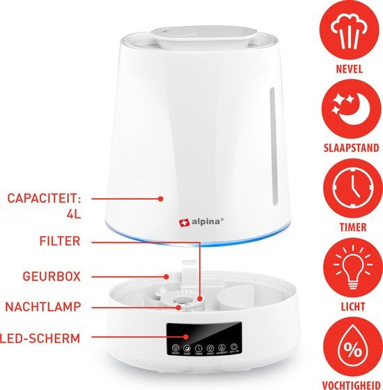 alpina Luftbefeuchter 4L - Luftbefeuchter - Aroma Diffusor mit Timer - Fernbedienung - Weiß