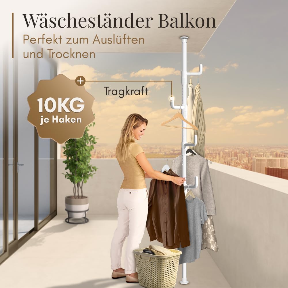 LOBUX® - Garderobenständer ausziehbar, 5 Haken [weiß, 110-310cm] - Teleskop-Garderobenständer stabil - platzsparender Metall-Garderobenständer - Dienerschaftständer Schlafzimmer - Flurgarderobe - Kleiderständer Balkon