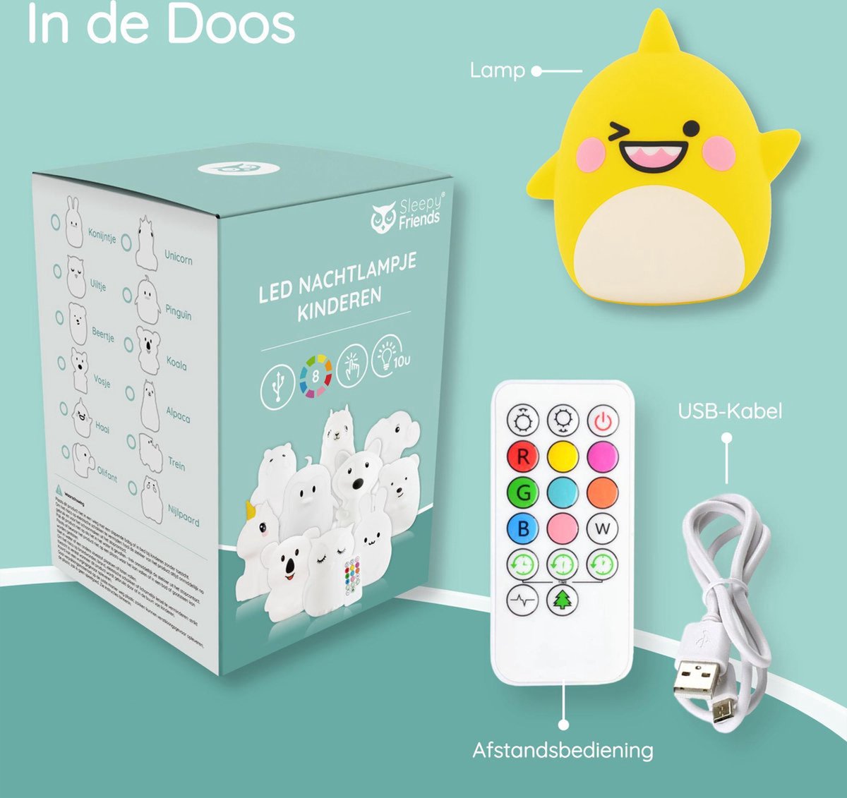 Sleepy Friends Kinder-Nachtlicht Hai - 8 Farben - dimmbar - Touch & Fernsteuerung - USB aufladbar - 95x97x100 mm - weiches Silikon