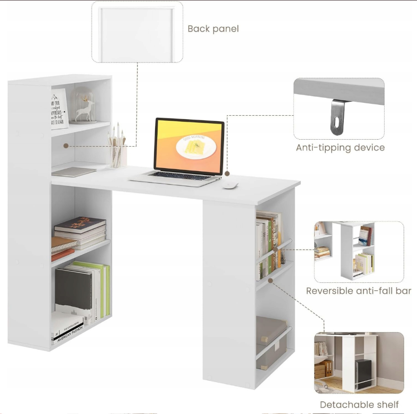 WOLTU Schreibtisch 122 x 55 x 120 cm – mit 6 Einlegeböden – MDF – Weiß
