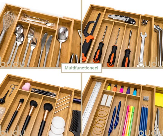 Budu Extendable Bamboo Cutlery Tray #33.5 (33.5 cm tief) - Besteckkassette Holz - Besteckschublade - 33.5 x 28 - 45 cm - 5/7 Fächer