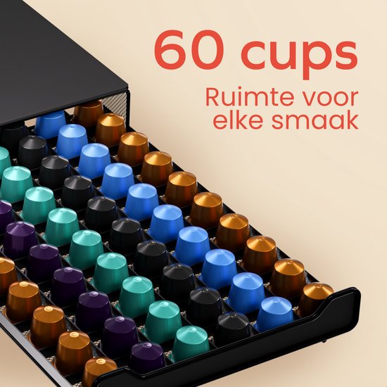 KitchenBrothers Kaffeekapselhalter – Kapselhalter – Passend für Nespresso – 60 Kapseln – Kapselhalter – Mit Schublade – Schwarz