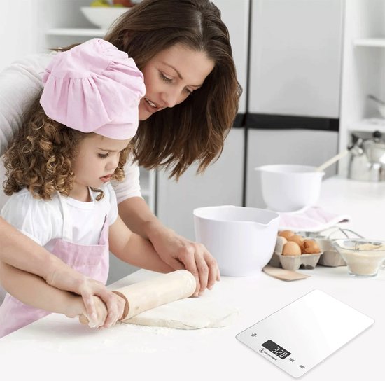 Kitchenwell Digitale Präzisionsküchenwaage - Küchenwaage - 1gr - 15kg - Tara-Funktion - USB wiederaufladbar - Weiß