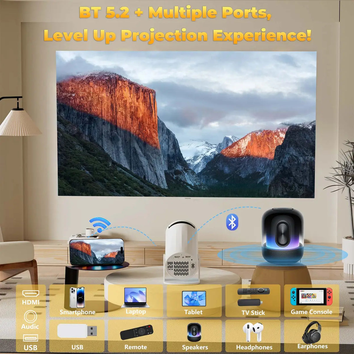 XBJ Tragbarer Mini-Beamer – WLAN 6 – Bluetooth 5.2 – Weiß