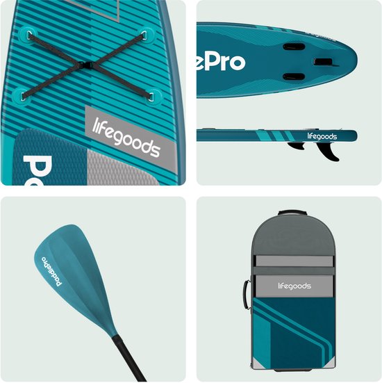 LifeGoods PaddlePro SUP Board Pro - Pro Set - Aufblasbares Paddle Board - Max. 150KG - 320x81cm - Tiefes Aqua