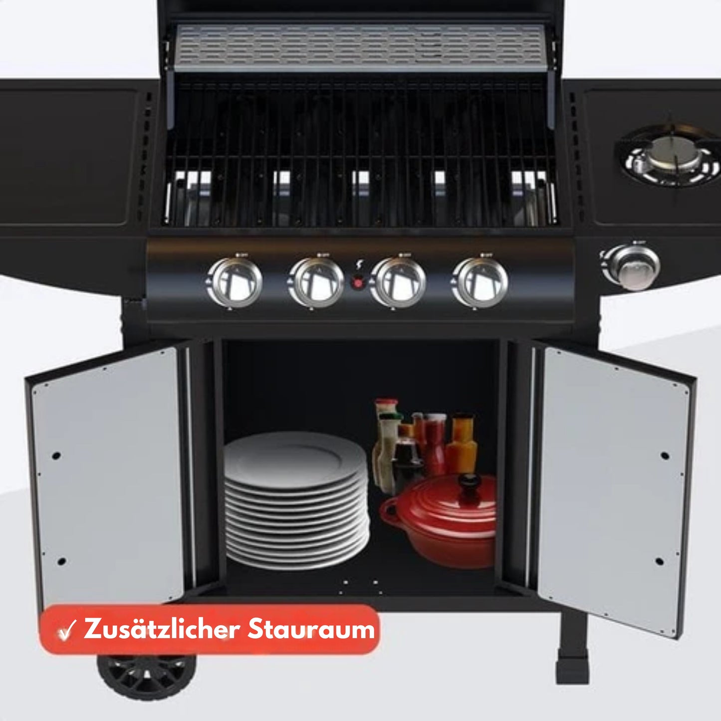 KitchenBrothers Gasgrill - Mit Seitenbrenner - 5 Brenner - Mit Gasanschluss - 42x57cm Grillfläche - Schwarz