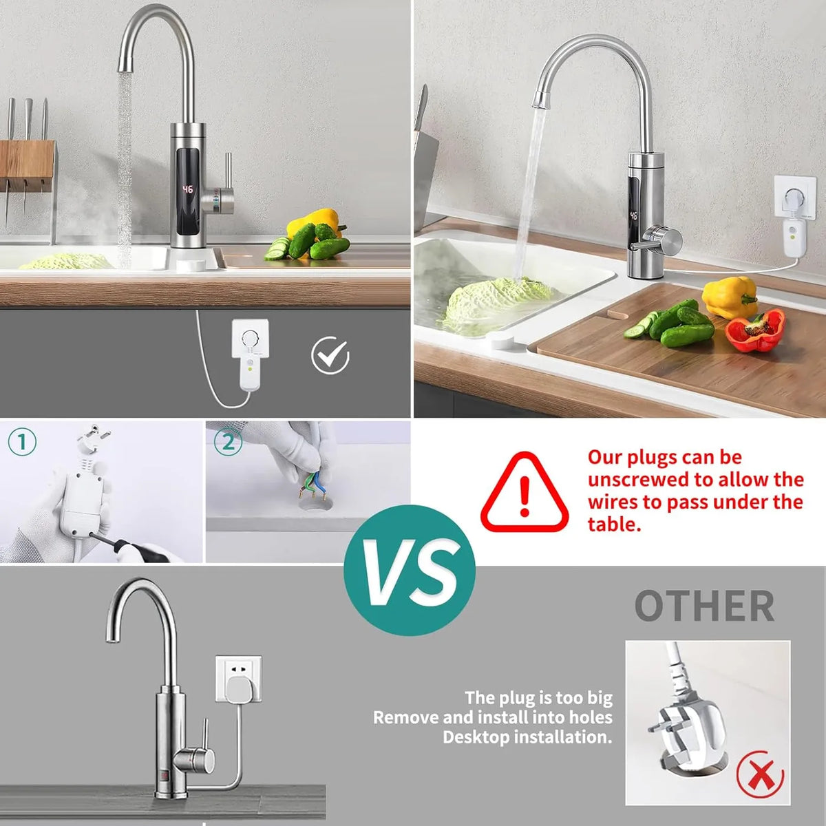 HOMELODY Elektrischer Küchenwasserhahn mit Durchlauferhitzer – 3000 W – 230 V – LED-Anzeige – Edelstahl – gebürstetes Silber