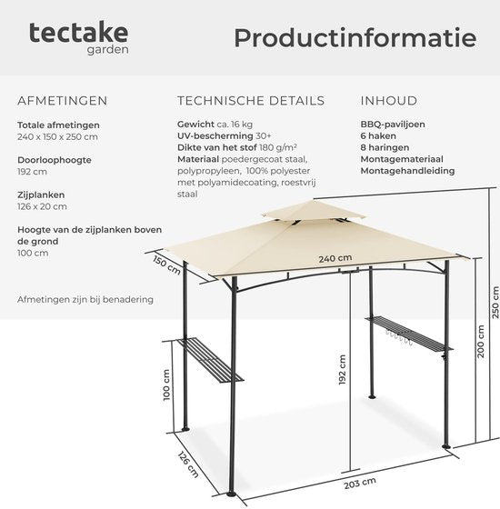 tectake® Grillpavillon – Grillüberdachung – 240 x 150 x 250 cm - Gartenpavillon – wetterfest – UV-Schutz – Doppeldachsystem – Pavillon mit Aufhängehaken, Grillrosten und Flaschenöffner – Grillpavillon – sandfarben