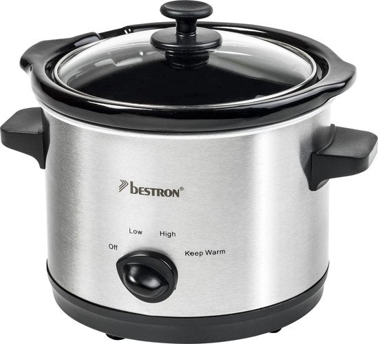 Bestron Slowcooker, mit 3 Programmen, Keramikpfanne & Glasdeckel, für 2 Personen, 1,5L Fassungsvermögen, spülmaschinenfest, 120 Watt, Farbe: silber