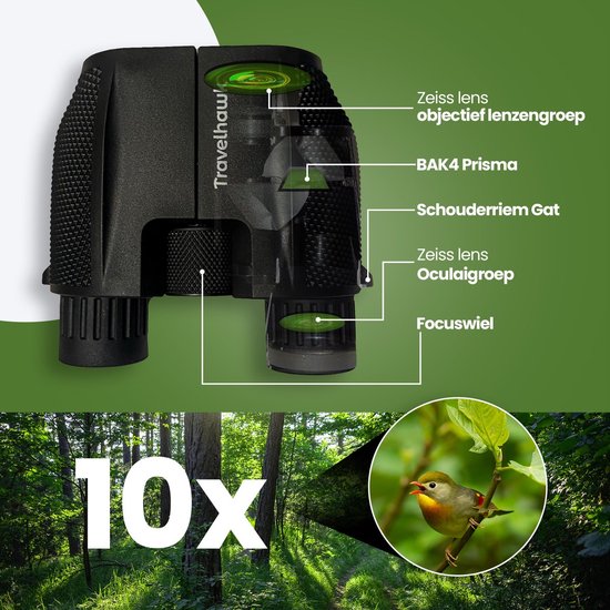 TravelHawk Fernglas - 10x25 - BAK4 - Voll multivergütet (FMC) - Kompaktes Fernglas - Wasserdicht - Mit Umhängekordel, Tragetasche - für Vogelbeobachtung, Jagd, Theater - Schwarz