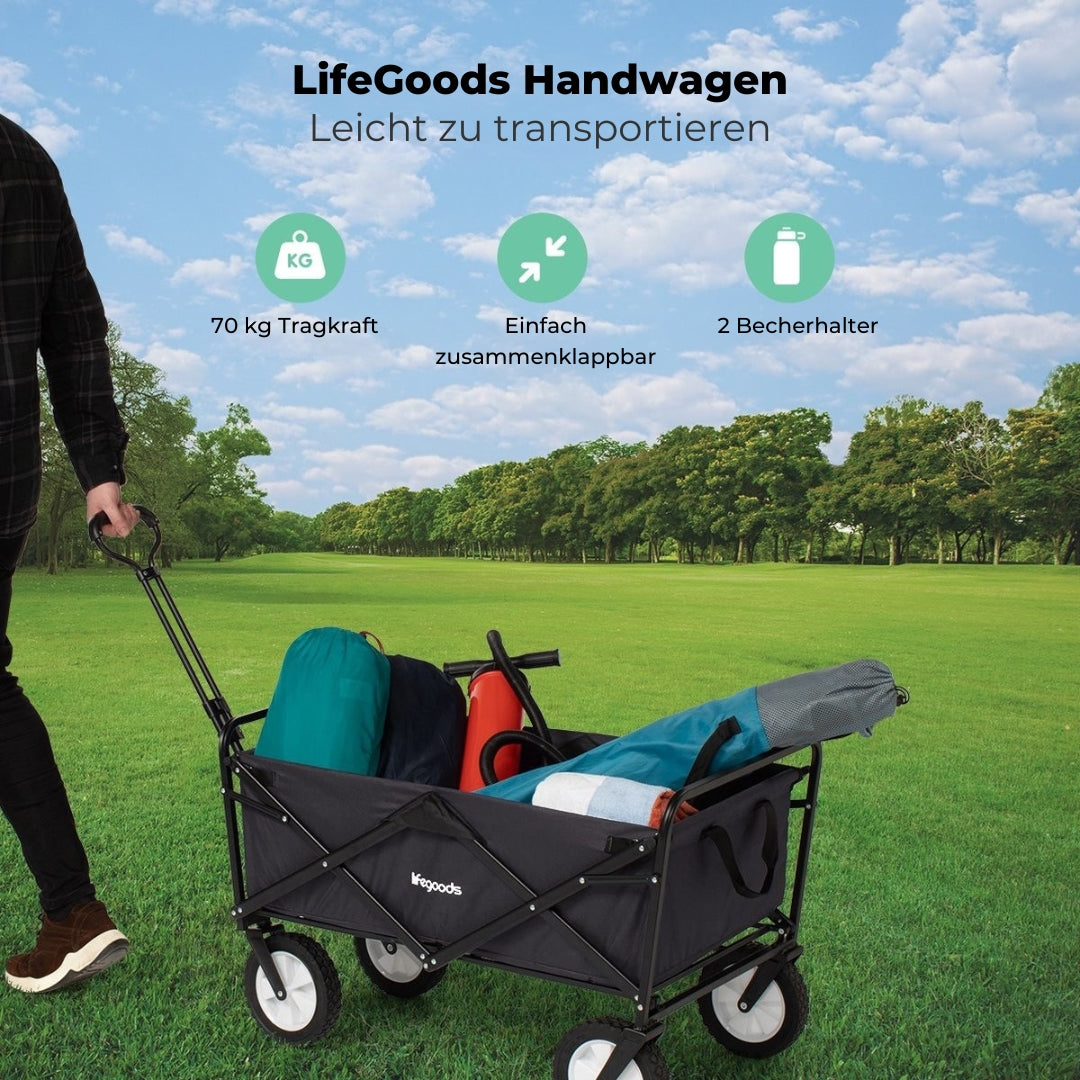 LifeGoods Bollerwagen - faltbar - drehbare Räder - 70kg Tragfähigkeit - Schwarz
