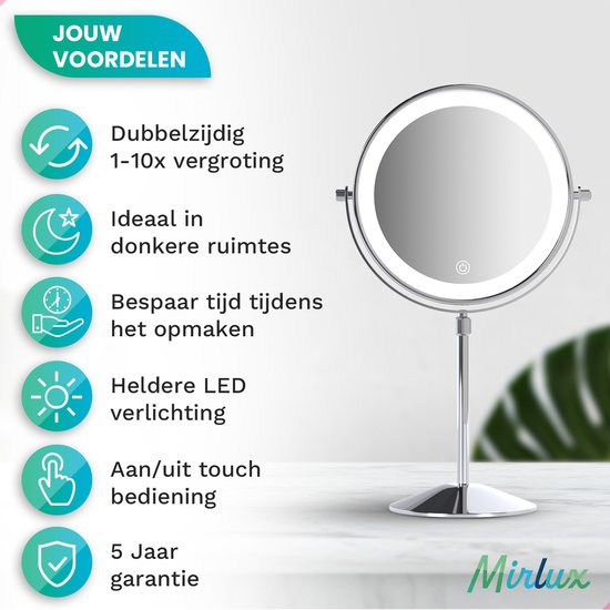 Mirlux Luxus-Make-up-Spiegel mit LED-Licht - 10-fache Vergrößerung - Verstellbar & wiederaufladbar - 3 Lichtstufen - Chrom - Make-up-Spiegel - Spiegel mit LED-Licht