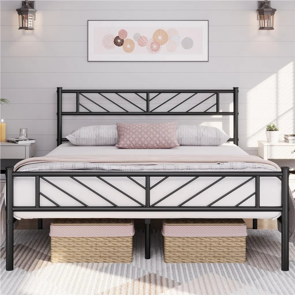 Yaheetech Metallbettgestell 140 x 200 cm – Schwarz – Doppelbett mit Lattenrost und hohem Kopfteil