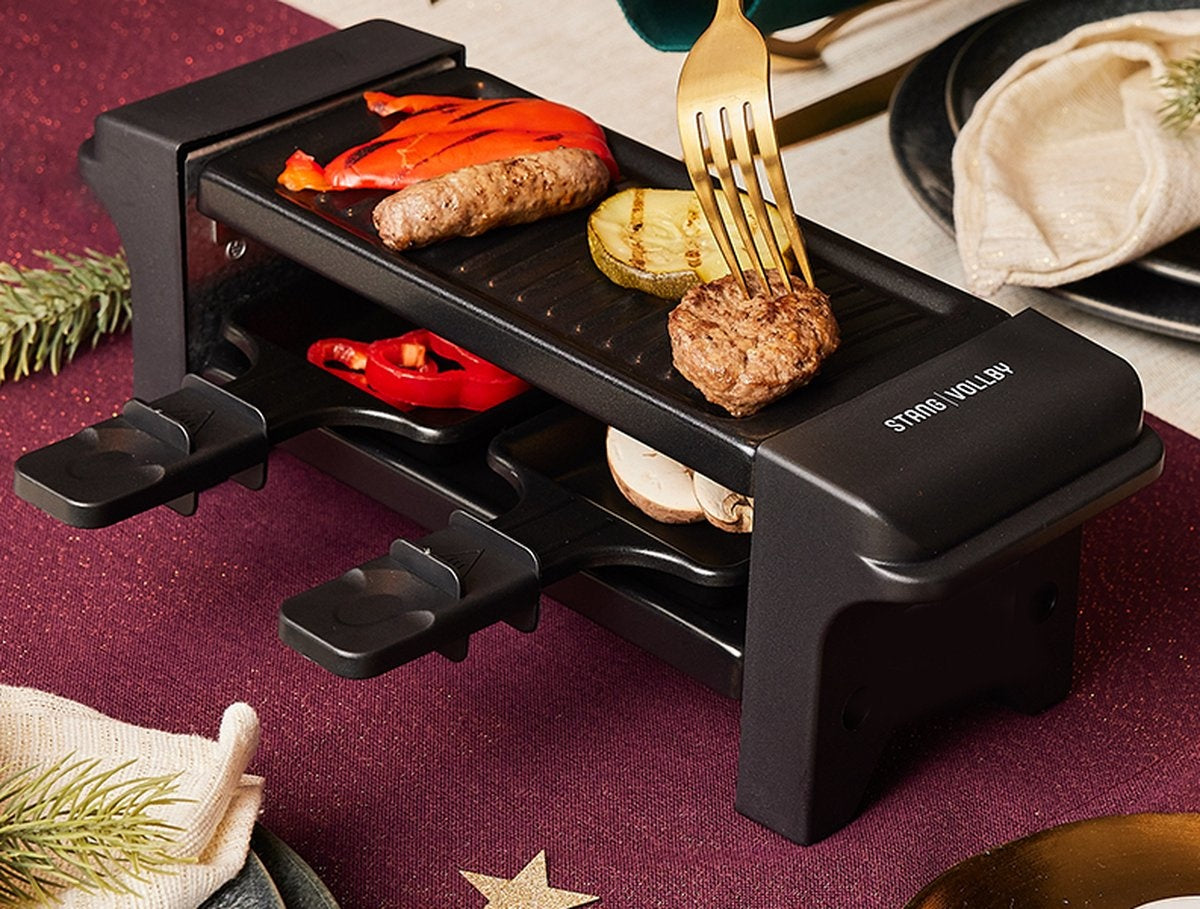 StangVollby GRILLA Gourmet Set für 2 Personen - Kleines Gourmet Set - Elektrische Grillplatte - Raclette Gourmetse - 350W