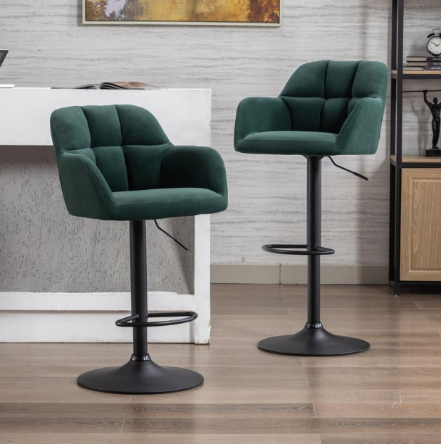WAHSON Barhocker, 2er-Set, grün, Samt – höhenverstellbar 65–87 cm – drehbar