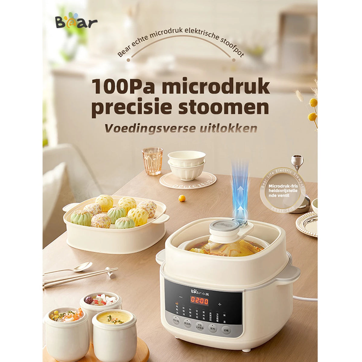 Bear Elektrischer Dampfkochtopf 2,5 l mit Dampfkorb und Glasdeckel – 32,8 × 27,1 × 31 cm