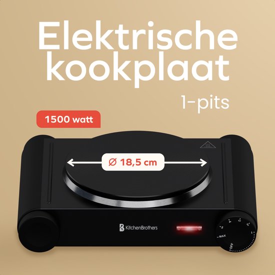 KitchenBrothers Elektrokochfeld - 1 Brenner - Freistehend - 7 Temperaturstufen - 1500W - Schwarz