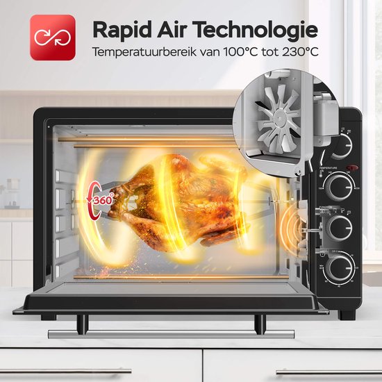 TurboTronic - EV45 Freistehender Backofen - 45 Liter Fassungsvermögen - 2000W Leistung - Heißluft- & Rotisserie-Funktion - 100-230°C - Schwarzer Edelstahl