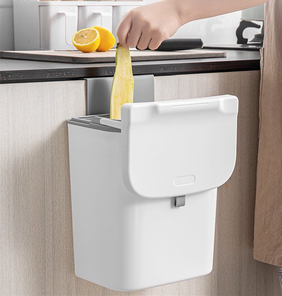 Ceruzo Abfalleimer - mit Schiebedeckel - 9 Liter- GFT Aufsatzbehälter - hängend oder stehend - weiß -24 x 16 x H30 cm