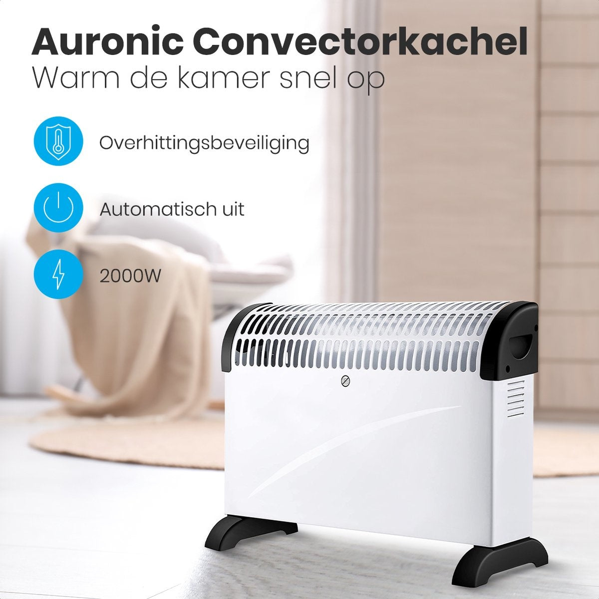 Auronic Elektrische Konvektorheizung - 750/1250/2000 Watt - Einstellbarer Thermostat - Weiß