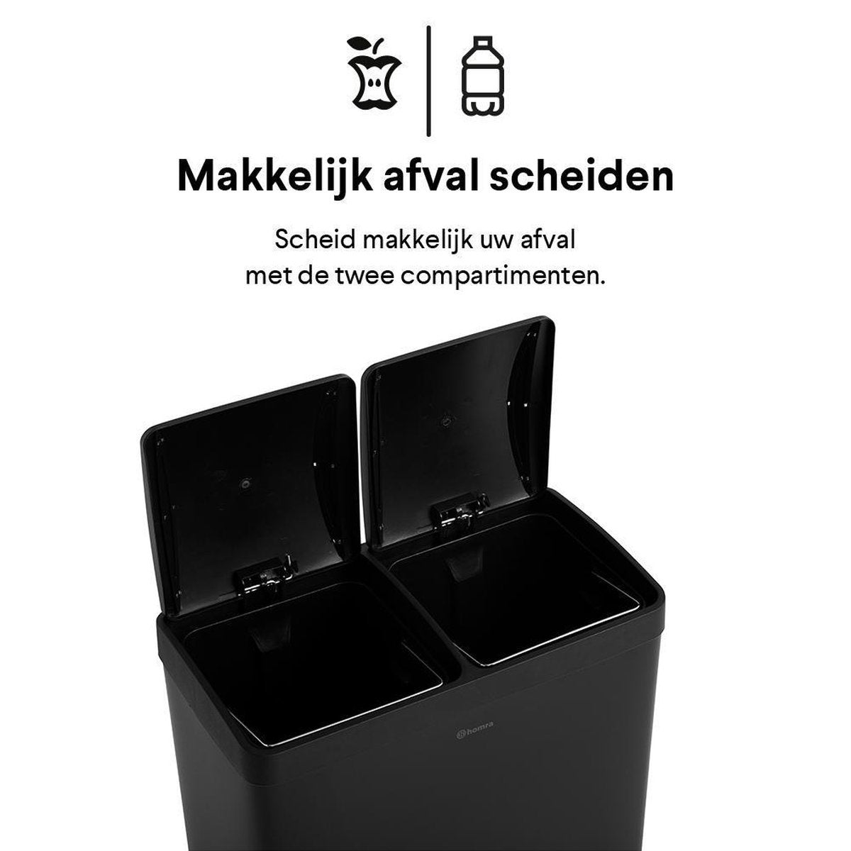 Homra NEVIQ Abfalltrennbehälter mit 2 Fächern - 2 x 30 L Fassungsvermögen - Duo-Tretabfalleimer in Schwarz matt - 2-Fach-Abfalleimer 60 Liter - Hochwertiger Edelstahl - Tretabfalleimer - Hygienische Abfalltrennung - Schwarzer Duo-Mülleimer - Doppelmülleim