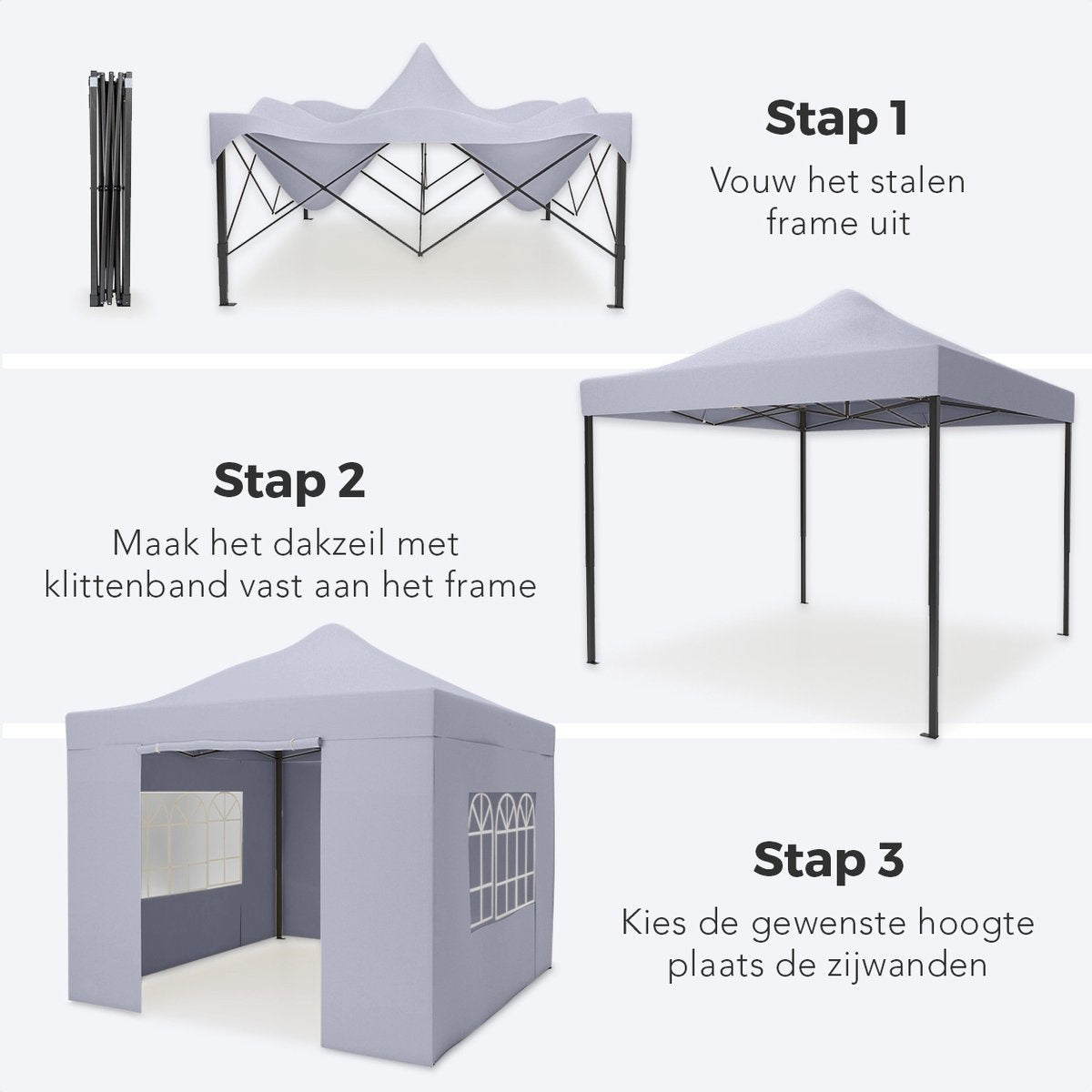 LifeGoods Partyzelt - Pavillon - 3x3 m - mit Seitenwänden - leicht aufbaubar - faltbar - wasserdicht - Tragetasche mit Rädern - dunkelgrau
