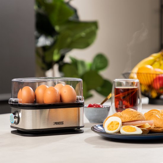 Princess Eierkocher 262046 – für 1 bis 6 Eier – 400 W – Edelstahl – Hart, weich und mittel gekocht – Timer – Inklusive Messbecher und Eierstecher