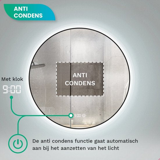 Mirlux Badezimmerspiegel - mit LED-Beleuchtung & Heizung - rund - Anti-Kondensation - 60CM - Mattschwarz