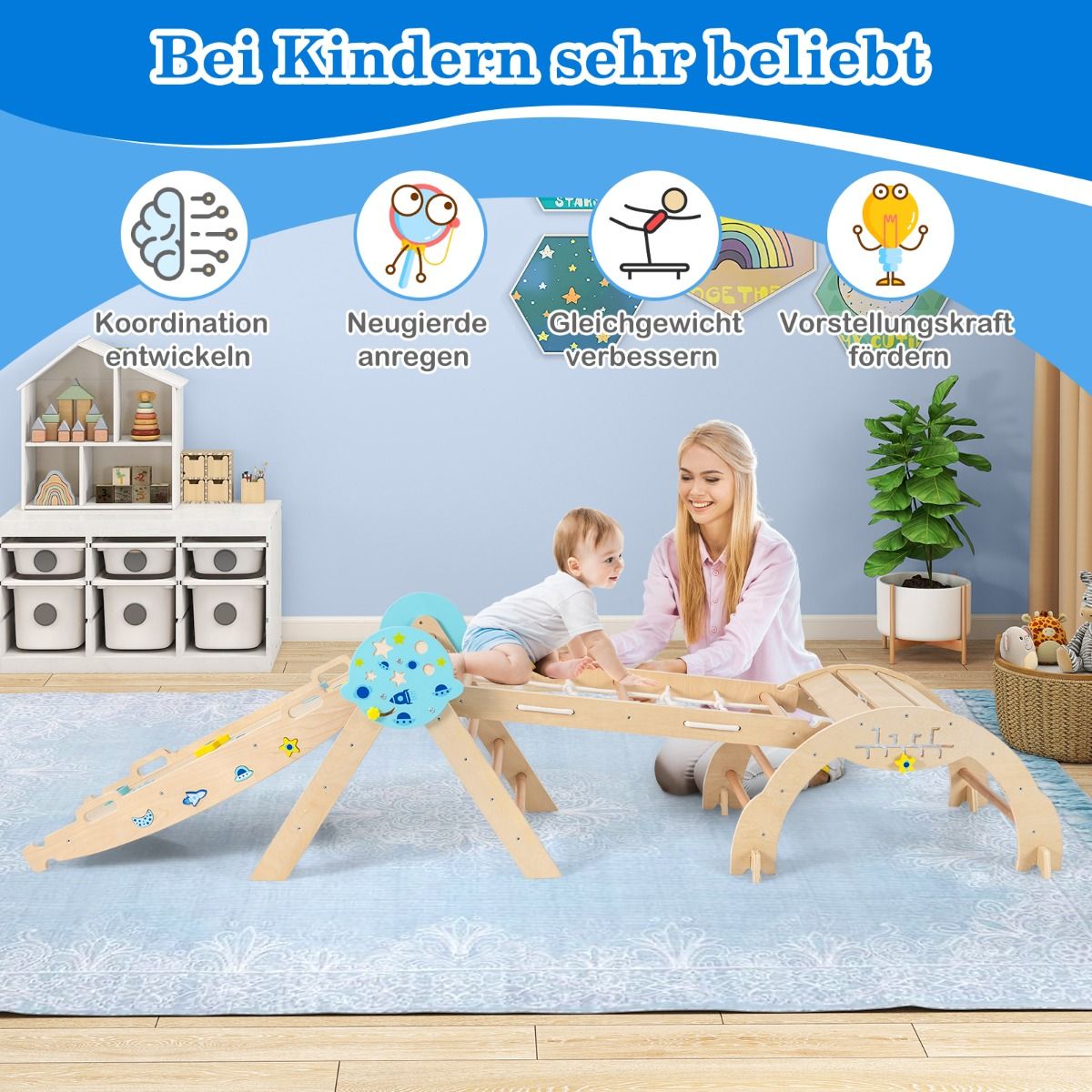 Coast Montessori Klettergerüst – 9-in-1-Spielgerät – zusammenklappbar – Naturfarben