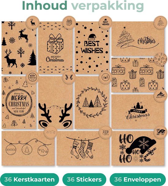 Giftmas Christmas Collection - Grußkarten & Weihnachtskarten Set - 36 Grußkarten mit 12 Motiven - Inklusive Umschläge und Aufkleber - Kraftpapier Karten Set für die Feiertage - 20x15cm