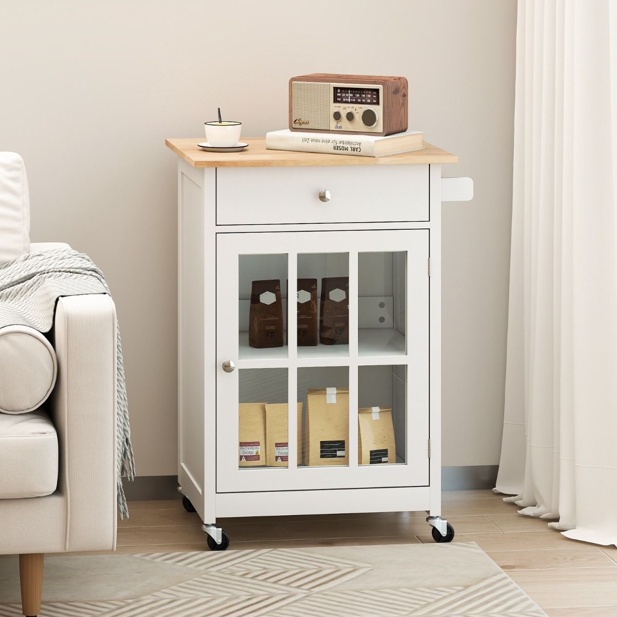Coast Kücheninselwagen mit Holzplatte, Glastür und Schublade – 65 x 48,5 x 87,5 cm – Natur/Weiß