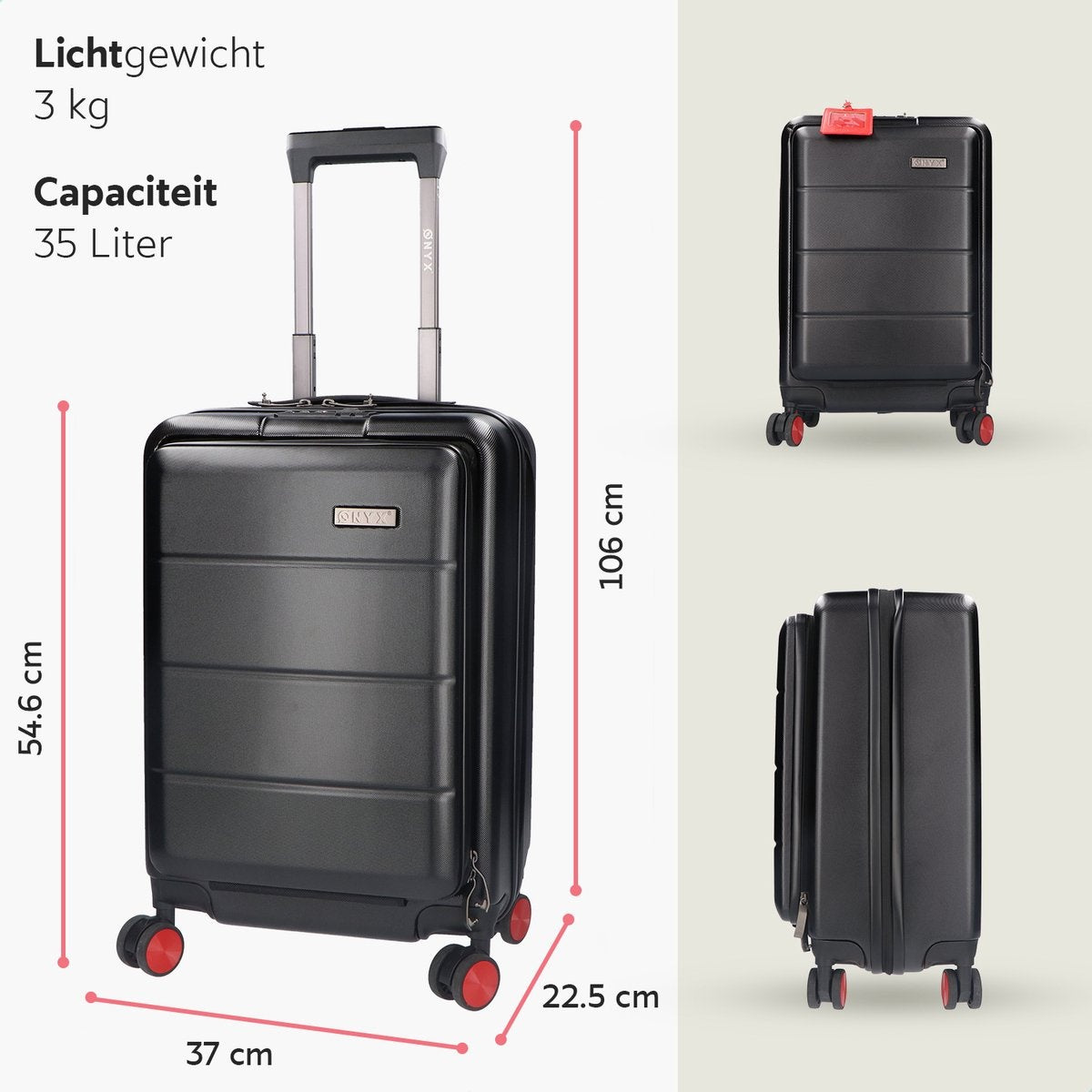 ONYX® - Handgepäck Koffer 35 L - Spinner-Räder - Leichter Trolley - Doppeltes TSA-Schloss - Praktische Vordertasche - 55 cm - Schwarz