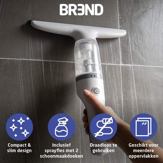 BREND BR-2218 Elektrischer Fensterwischer und Sprühflasche - Fensterwascher mit Saugsystem verhindert Leckagen - Mit extra Reinigungstuch - USB-C Ladekabel - Weiß