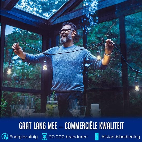 SHINE - Lichterkette für den Außenbereich - Solarbetriebene Lichtergirlande - Solar Led Prick Cord - Partybeleuchtung - Lichtergirlande - Gartenbeleuchtung - Vintage Classic Atmosphere Lights - 15 Meter Led E27 Glühbirnen mit Fernsteuerung