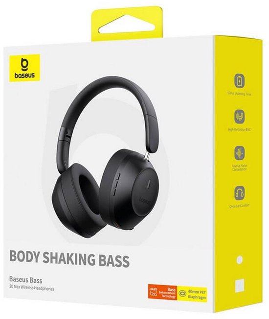 Baseus Bass 30 Max Bluetooth-Kopfhörer, kabellose Kopfhörer – Over-Ear-Kopfhörer – 50 Stunden Akkulaufzeit, Bluetooth 5.3, schwarz