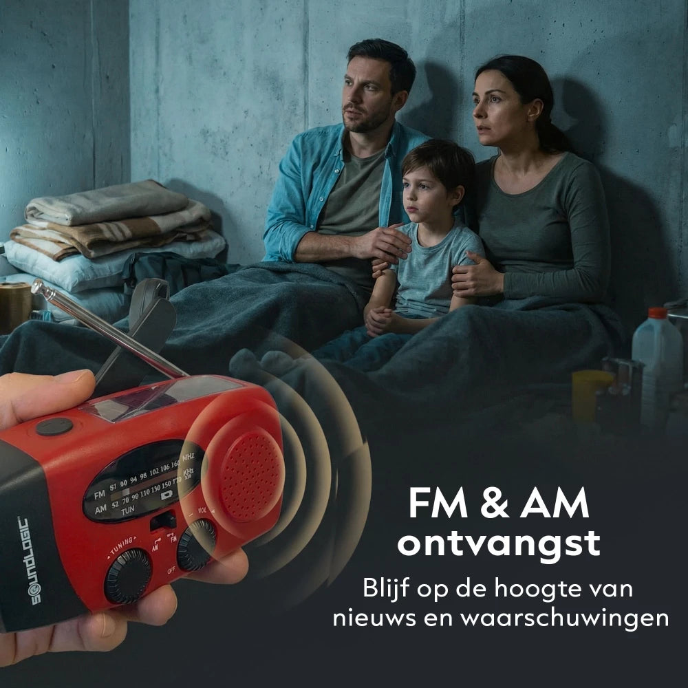 Soundlogic Solar-Notfallradio mit Handkurbel – Powerbank 2000 mAh, Taschenlampe und SOS-Funktion – Rot – 13 × 4,7 × 6,6 cm