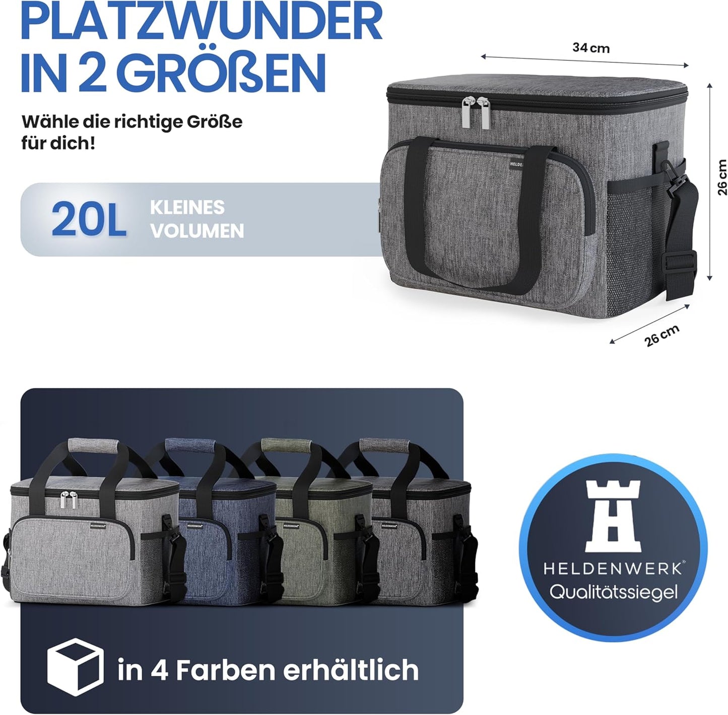 HELDENWERK Faltbare Kühltasche 20L - Isolierte Kühlbox - Auslaufsicher & Wasserdicht - Thermische Picknick- und Lunch-Tasche - Dunkelgrau