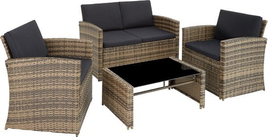 tectake - Geflecht-Sitzgruppe Garten-Set Lounge-Set Lucca - Sofa/2 Stühle/Tisch mit Glasplatte - naturfarben - 404916 - Poly-Rattan