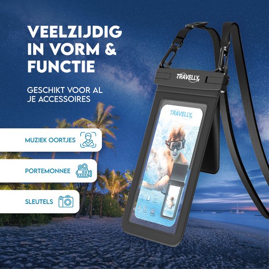Travelly® Wasserdichte Handytasche mit extra Staufach - Universelle Unterwassertasche für Smartphone - Geeignet für alle Handys - Drybag - Für Urlaub, Schwimmen & Wassersport - Schwarz