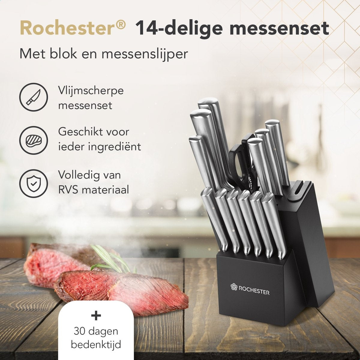Rochester 14-teiliges Messerset mit Block und Messerschärfer - Küchenmesser mit Messerblock - Rostfreier Stahl - Kratzfeste Beschichtung