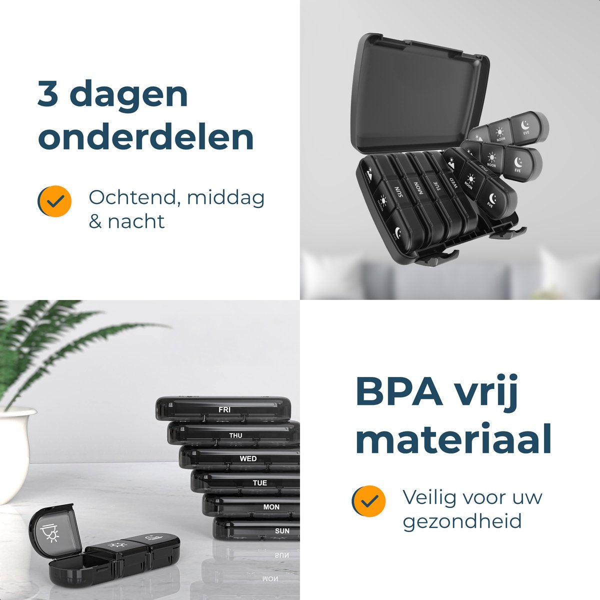 Alyze Medizin-Box 7 Tage Schwarz 15,6 x 12 x 4,2 cm - Pillenbox BPA-frei mit 3 Fächern pro Tag - Kompakte und langlebige Medikamentenbox