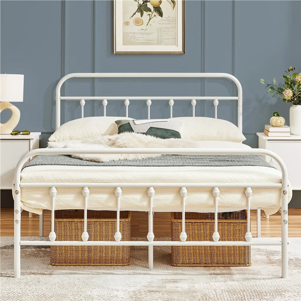 Yaheetech Metallbettgestell 140 x 200 cm – Weiß – Doppelbett mit Lattenrost und hohem Kopfteil