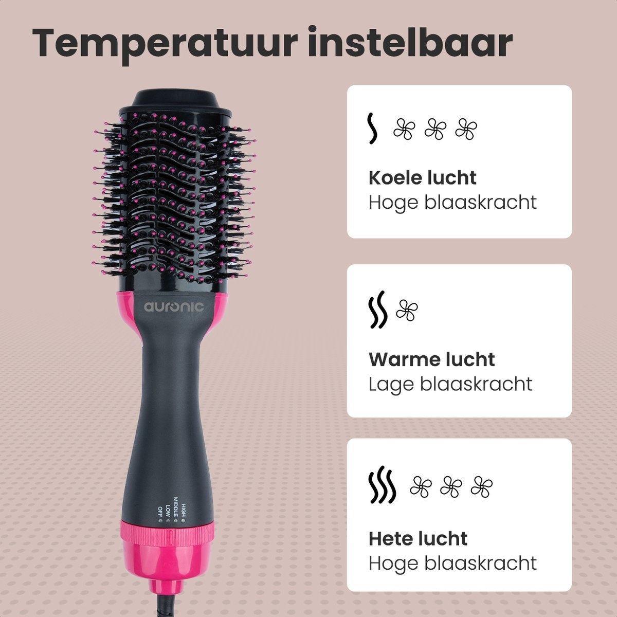 Auronic - 3-in-1 Haartrocknerbürste rund - Lang/Kurz/Style/Locken - Schwarz/Pink