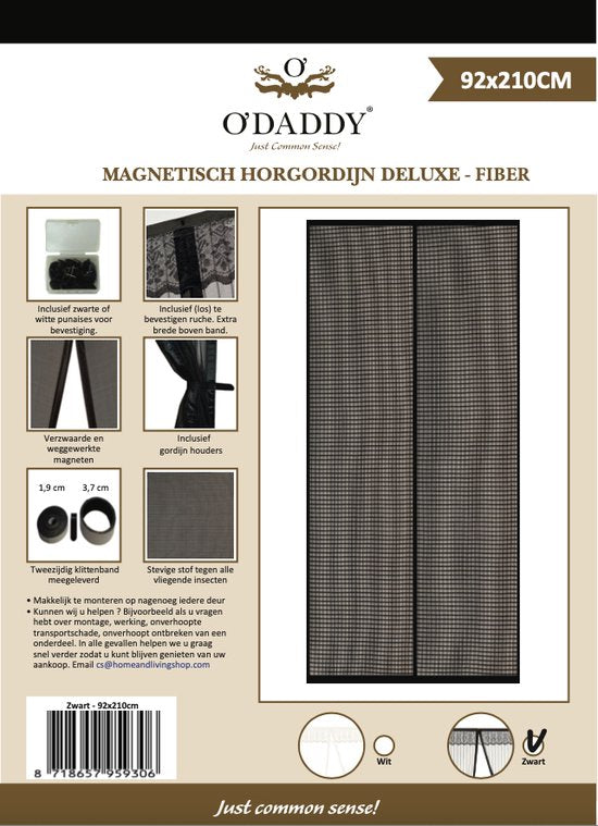 O'DADDY Türvorhang Deluxe FIBER - Magnetischer Fliegenvorhang - Für Neubauten und Standardtüren - Einfache Installation - Schwarzes Horn - 92x210 cm