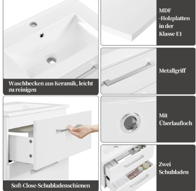 Yaheetech Badezimmerschrank mit Waschbecken – Weiß Hochglanz – 61 x 39,5 x 45,5 cm – Wandmontage, 4 Schubladen, Keramik-Waschbecken
